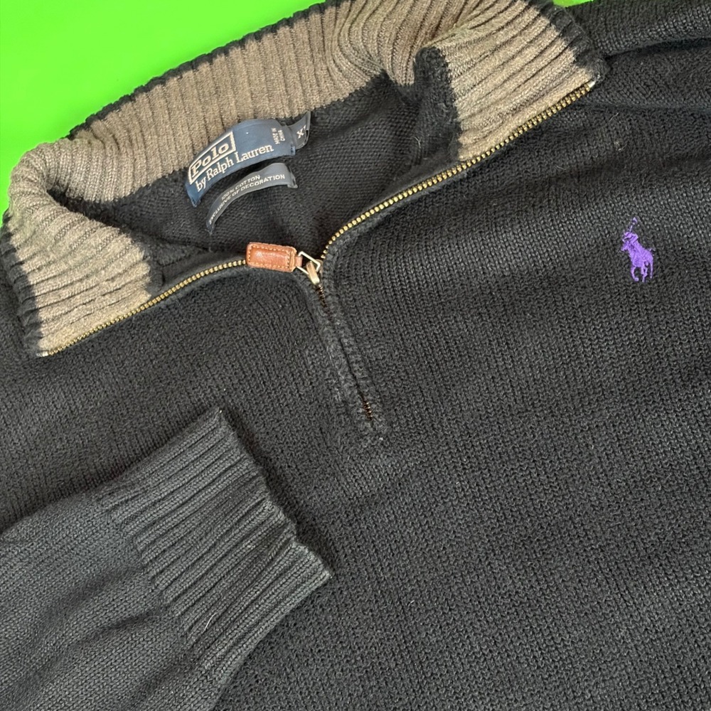 Polo Ralph Lauren 1/4 Zip Sweater Mens XL Black Purple Pony Cotton Knit Pullover